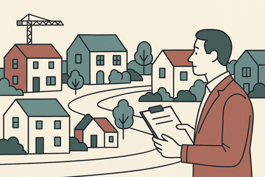 Illustrated row of houses and a landlord reviewing a clipboard with a small construction site in the background.