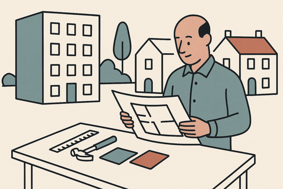 Illustrated residential buildings and landlord reviewing compliance papers in a flat editorial style.