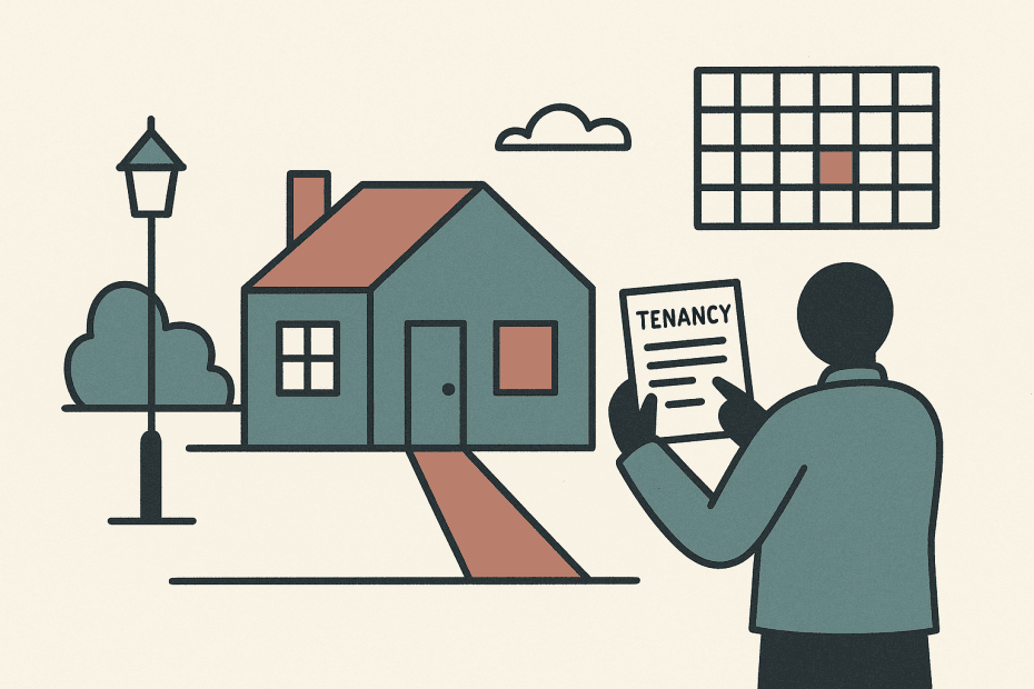 Illustrated rented home and landlord reviewing tenancy papers and calendar in a flat editorial style.