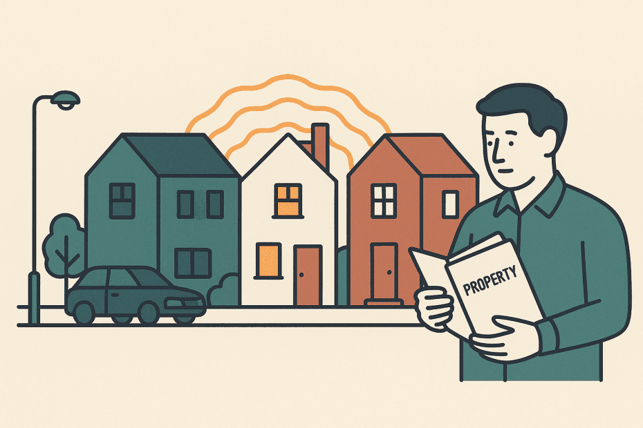 Illustrated rented houses and landlord reviewing property papers in a flat editorial neighbourhood style.