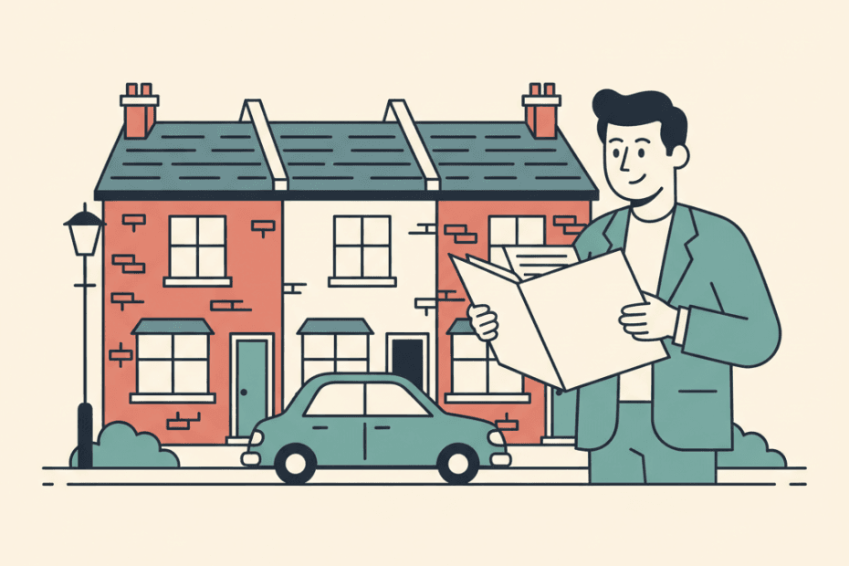 Flat illustration of terraced rental homes with a landlord reviewing compliance paperwork on a residential street
