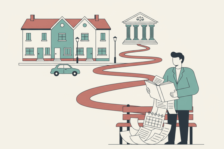 Flat illustration of rented houses, a landlord file, and simple court paperwork cues showing possession cases taking time