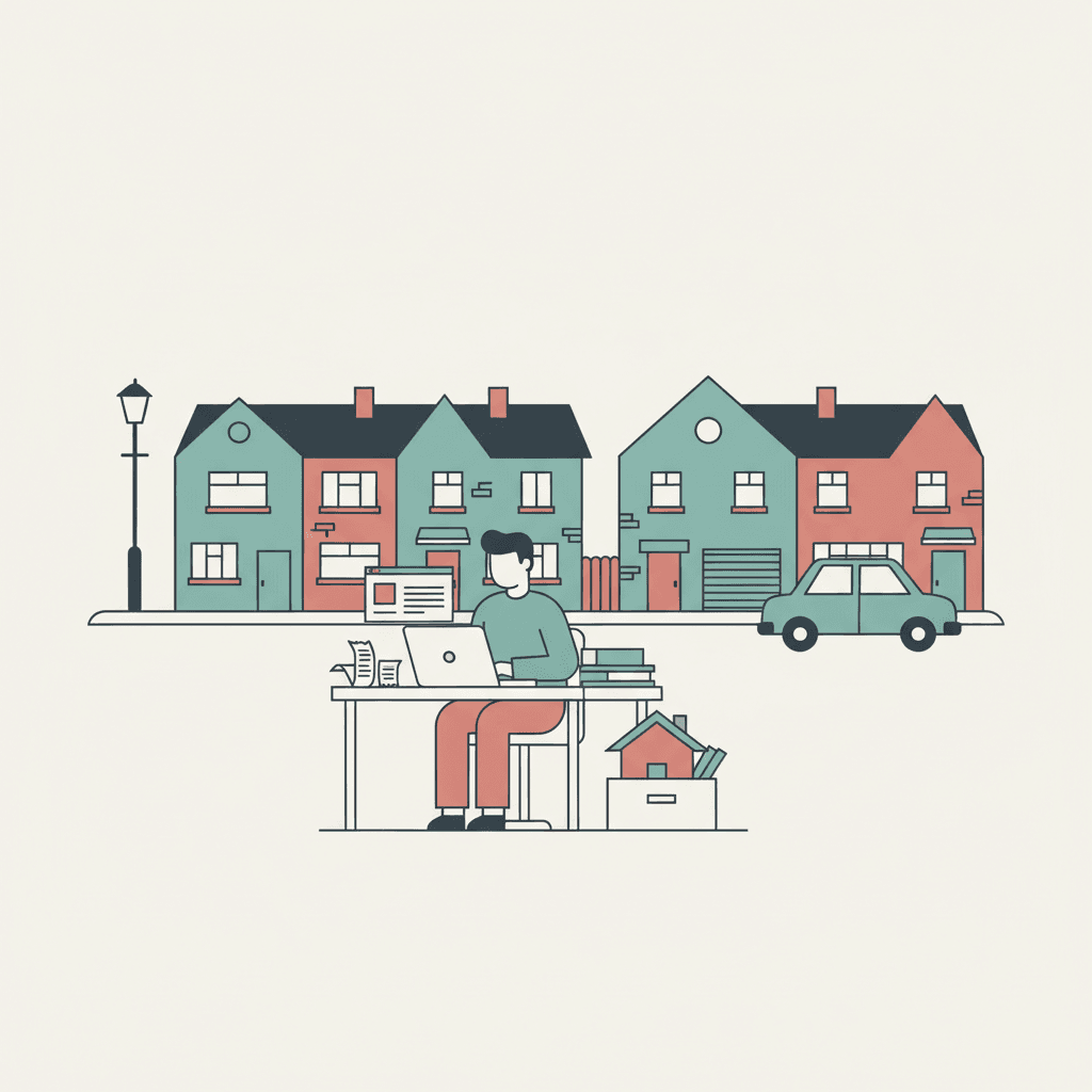 Flat illustration of simple rented houses, a landlord reviewing digital records on a laptop, and tidy paperwork for HMRC reporting