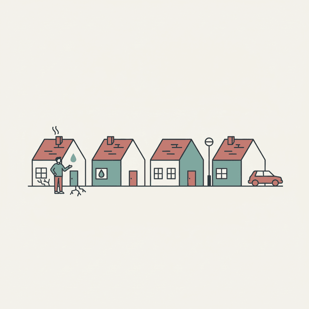 Flat illustration of rented homes and a landlord checking a property hazard checklist
