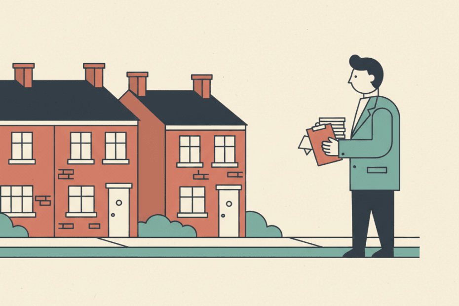 Flat illustration of terraced houses and a landlord reviewing rent paperwork at a kitchen table
