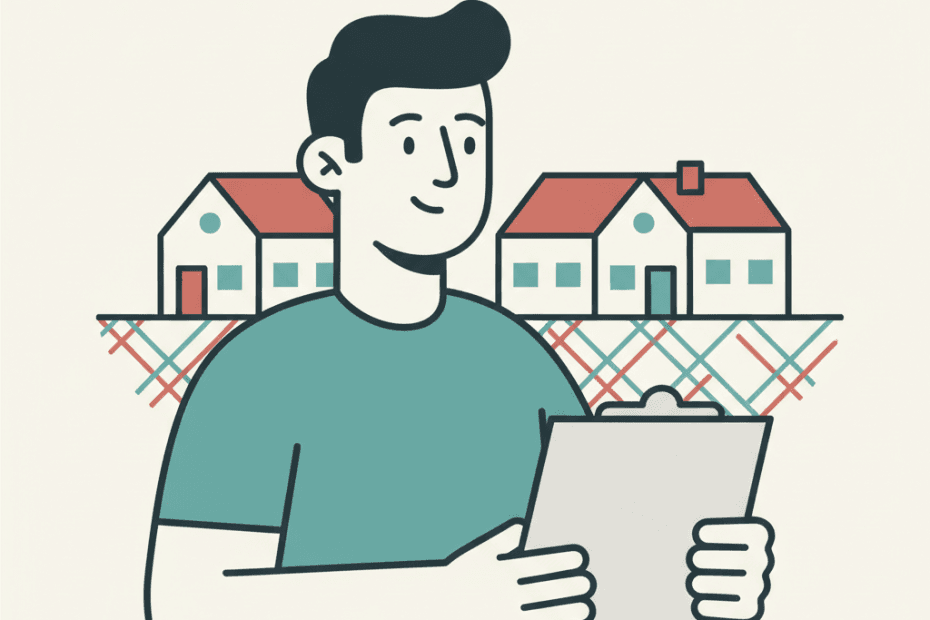 Flat illustration of rented homes with a landlord reviewing tenancy paperwork before new tenancy rules take effect