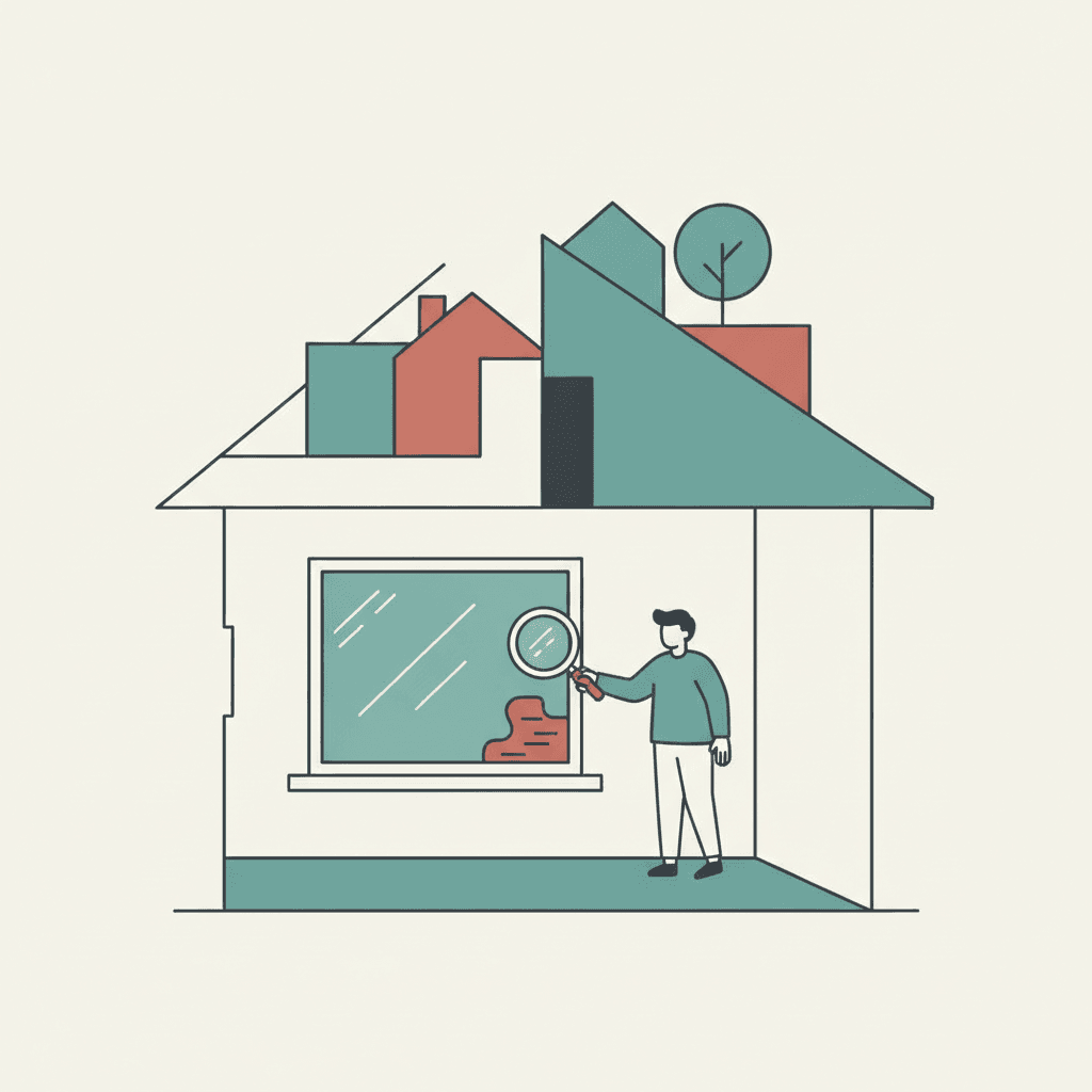 Flat illustration of a rented house with window condensation and a landlord inspecting a damp wall