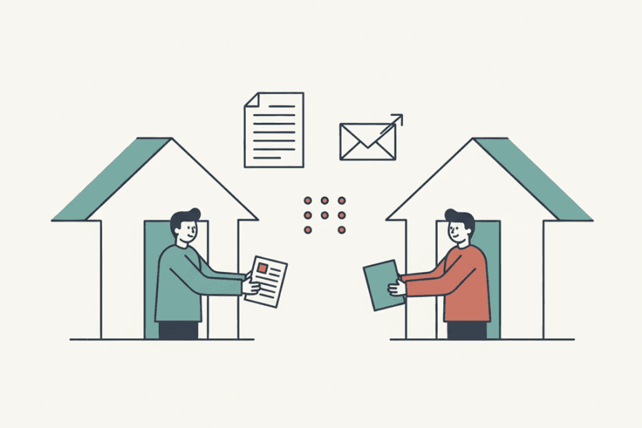 Flat illustration of a landlord sending tenancy paperwork in accessible formats at a UK rental home in a muted editorial style