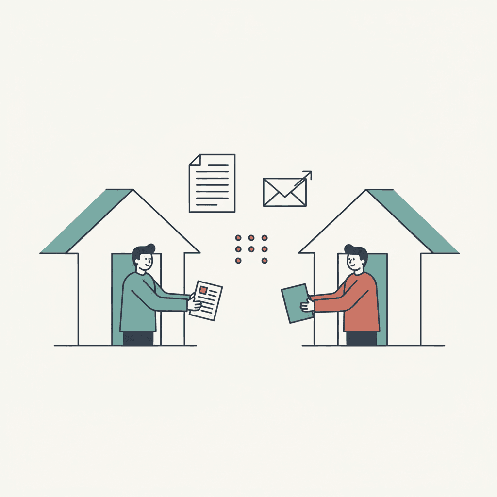 Flat illustration of a landlord sending tenancy paperwork in accessible formats at a UK rental home in a muted editorial style