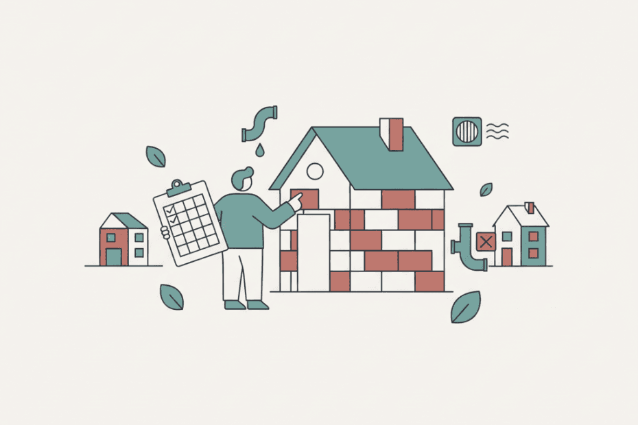 Flat illustration of a rental property void inspection with a simple house, checklist and repair symbols in a muted editorial style
