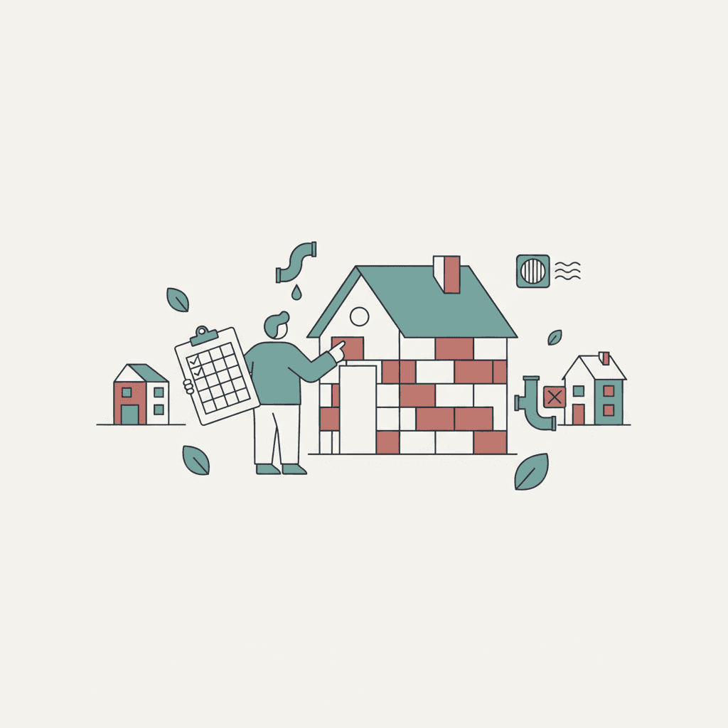 Flat illustration of a rental property void inspection with a simple house, checklist and repair symbols in a muted editorial style