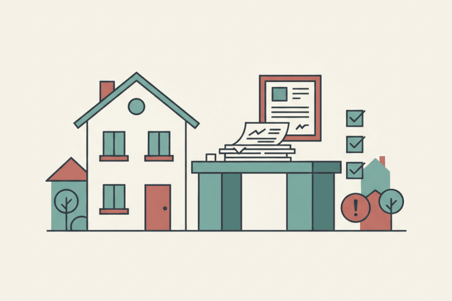 Flat editorial illustration of a landlord reviewing property business paperwork with a simple house and HMRC-style document shapes in muted teal and brick-red accents