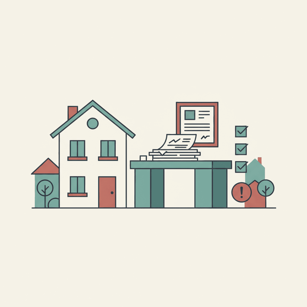 Flat editorial illustration of a landlord reviewing property business paperwork with a simple house and HMRC-style document shapes in muted teal and brick-red accents