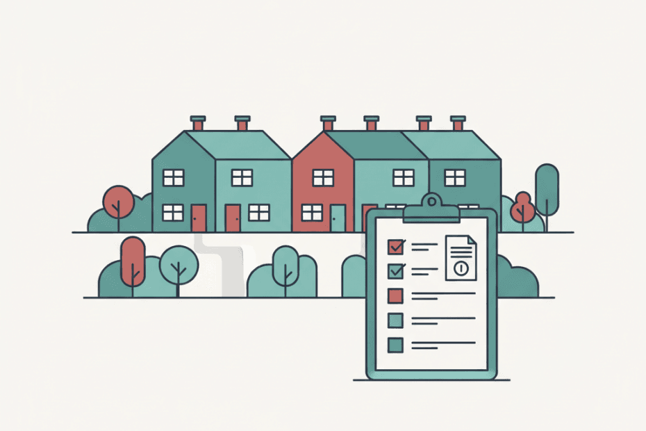 Flat editorial illustration of terraced rental homes with a paused rent notice and landlord checklist in muted teal and brick-red accents