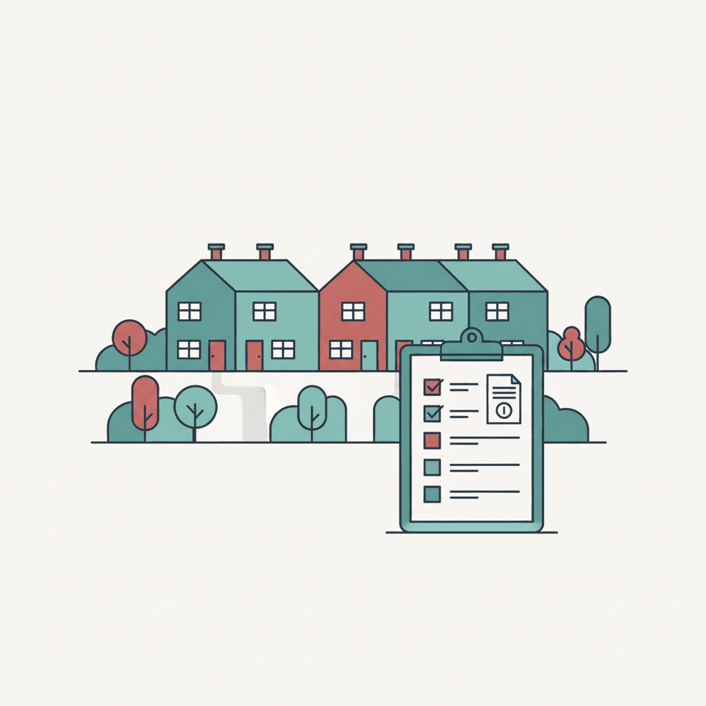 Flat editorial illustration of terraced rental homes with a paused rent notice and landlord checklist in muted teal and brick-red accents