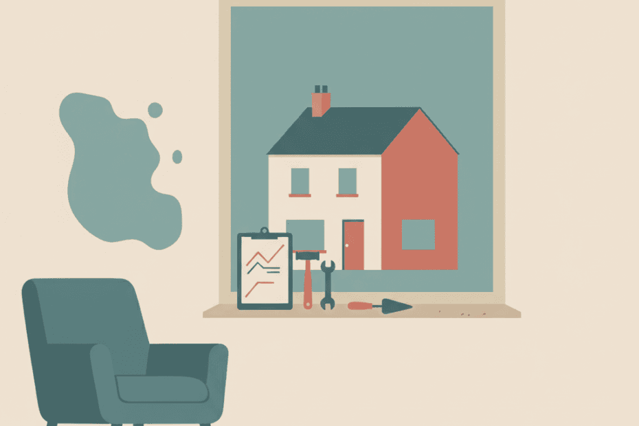 Flat editorial illustration of a rental home inspection checklist beside a damp wall and repair tools in muted teal, cream and brick-red tones