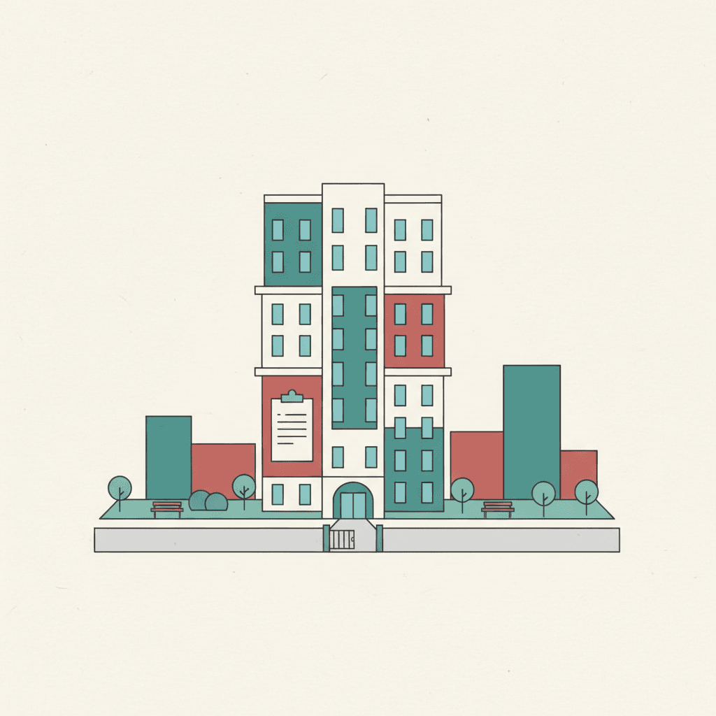 Flat illustration of a tall block of flats with a fire safety notice board and access route markings