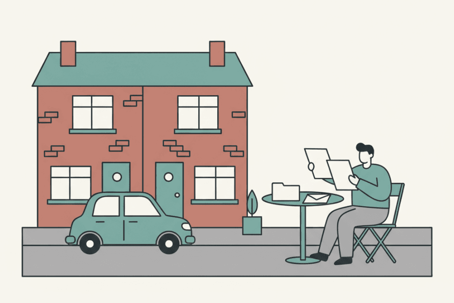 Flat editorial illustration of two rented houses with a landlord reviewing possession paperwork at a small outdoor table