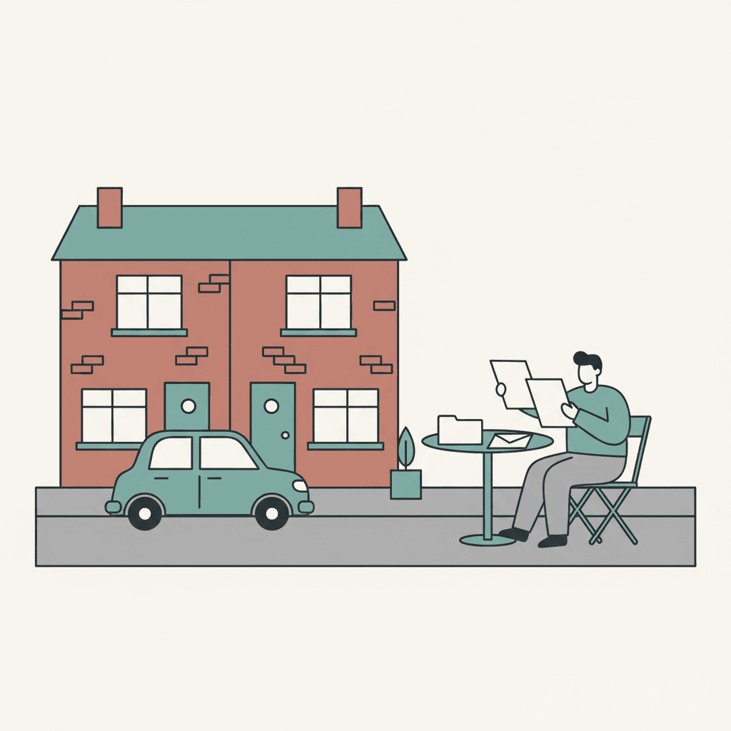 Flat editorial illustration of two rented houses with a landlord reviewing possession paperwork at a small outdoor table