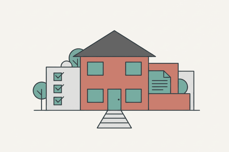 Flat illustration of a UK rental property with a landlord checklist and house frontage in a muted editorial style