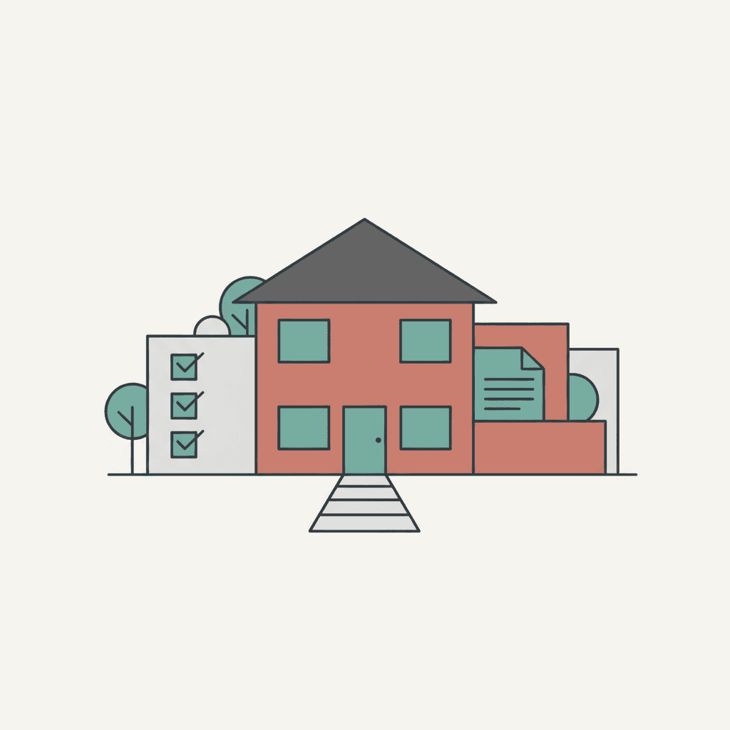 Flat illustration of a UK rental property with a landlord checklist and house frontage in a muted editorial style