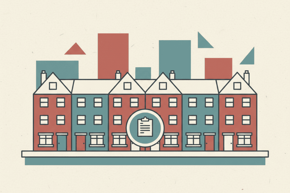 Flat illustration of a UK rental street with a council document and house fronts in a muted editorial style