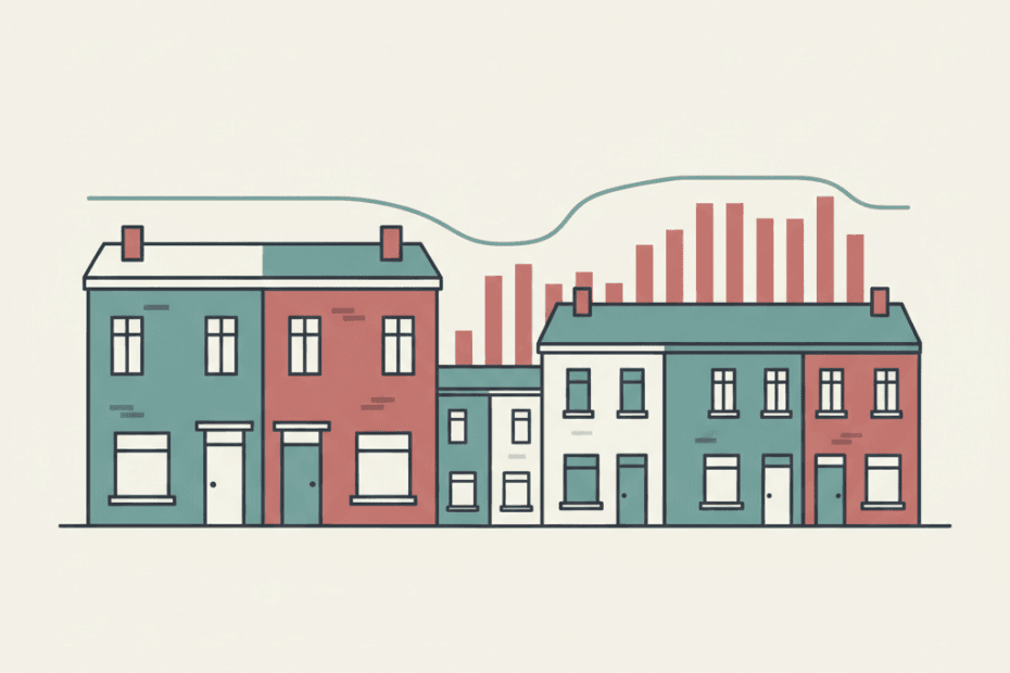 Flat illustration of a UK rental street with shared houses and a simple market chart motif in a muted editorial style