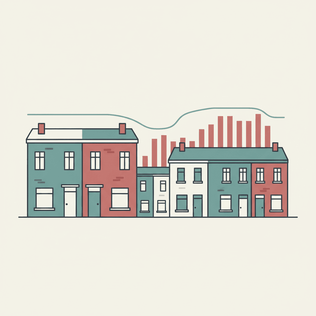 Flat illustration of a UK rental street with shared houses and a simple market chart motif in a muted editorial style
