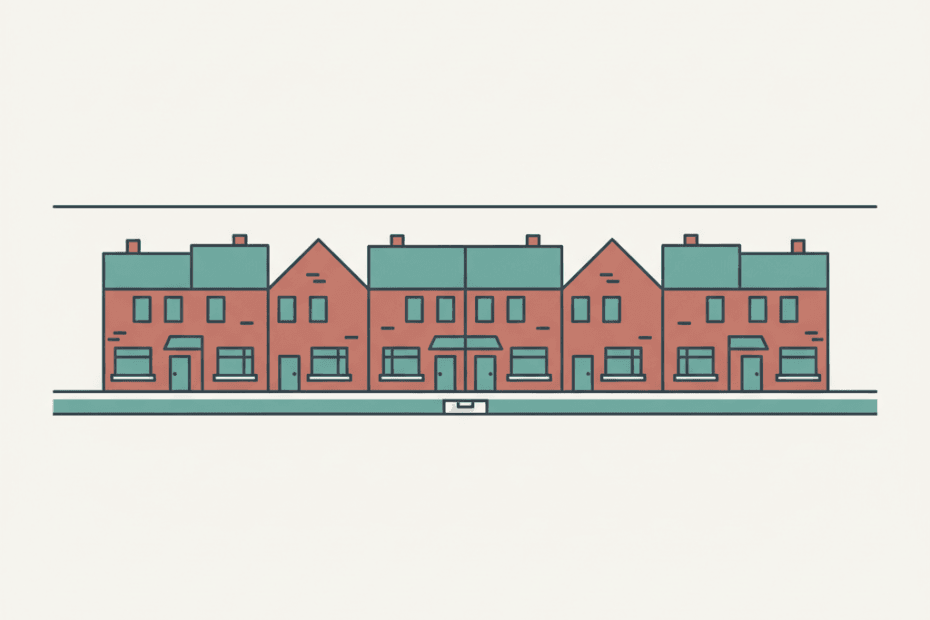 Flat illustration of UK rental homes with a simple steady rent chart motif in a muted editorial style