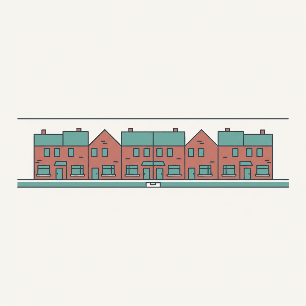 Flat illustration of UK rental homes with a simple steady rent chart motif in a muted editorial style