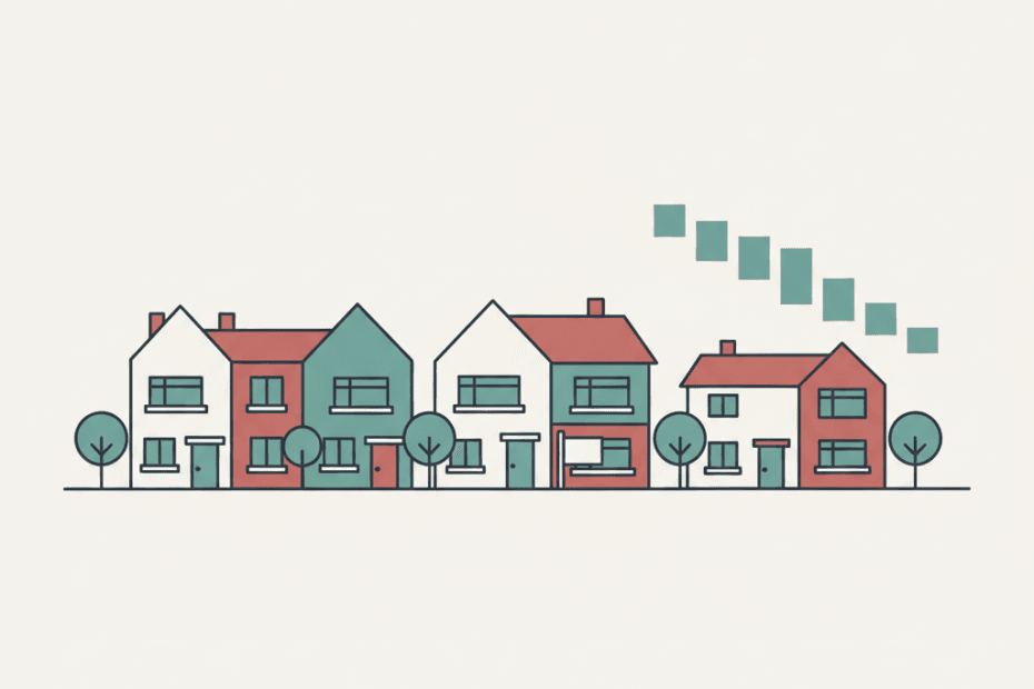 Flat illustration of a British rental street with a sold board and simple housing supply chart shapes in a muted editorial style