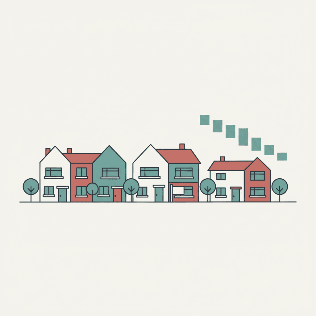 Flat illustration of a British rental street with a sold board and simple housing supply chart shapes in a muted editorial style