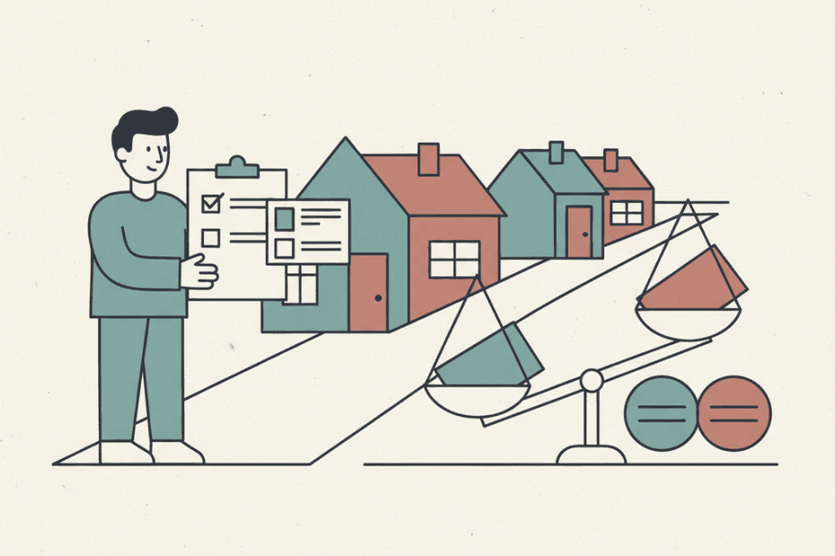 Flat illustration of a landlord compliance check at a British rental doorway with simple ID and checklist motifs in a muted editorial style