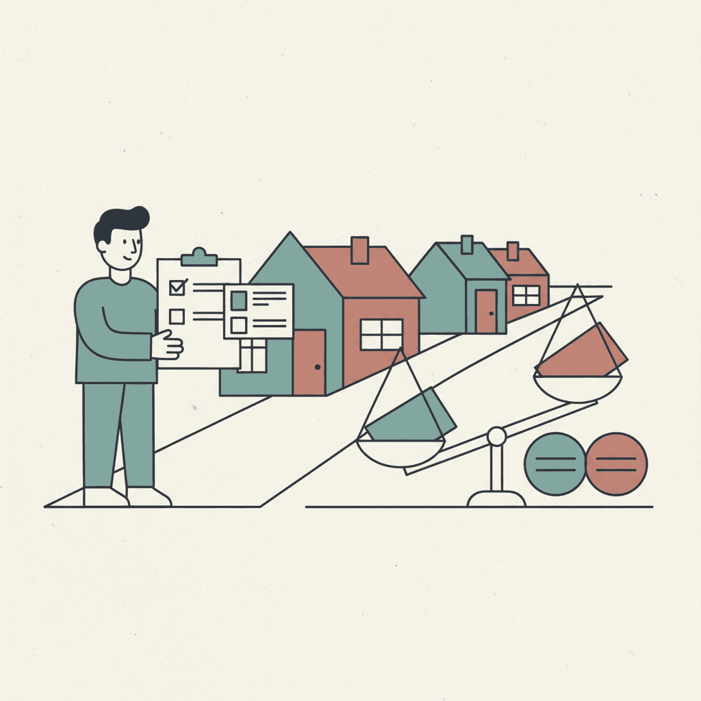 Flat illustration of a landlord compliance check at a British rental doorway with simple ID and checklist motifs in a muted editorial style