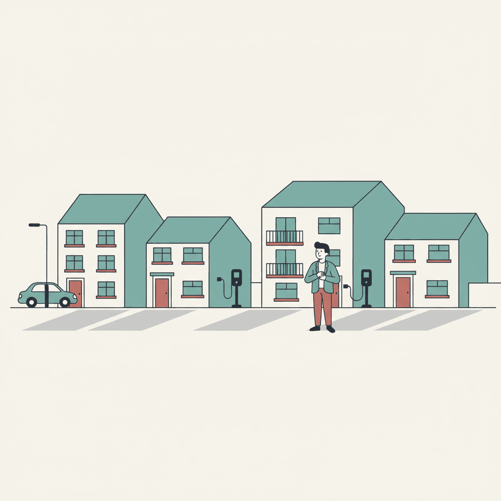 Flat illustration of rental homes with parking bays and EV chargepoints outside