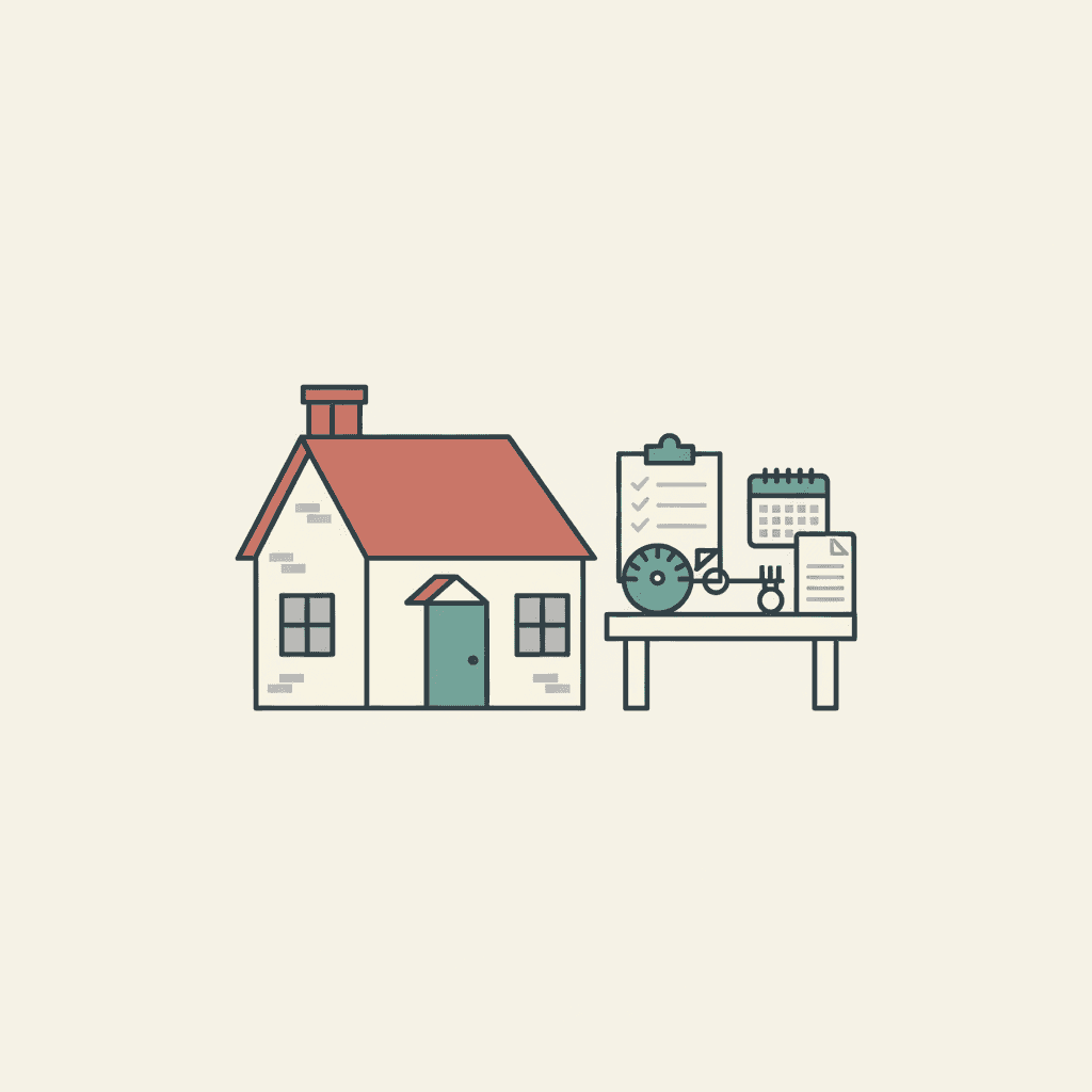 Flat illustration of a small holiday cottage with a checklist, keys and safety icons in a calm neighbourhood style