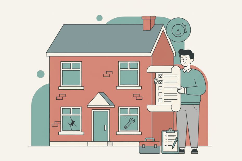 Flat illustration of a rented house with a landlord checklist, smoke alarm and repair tools in a calm neighbourhood style