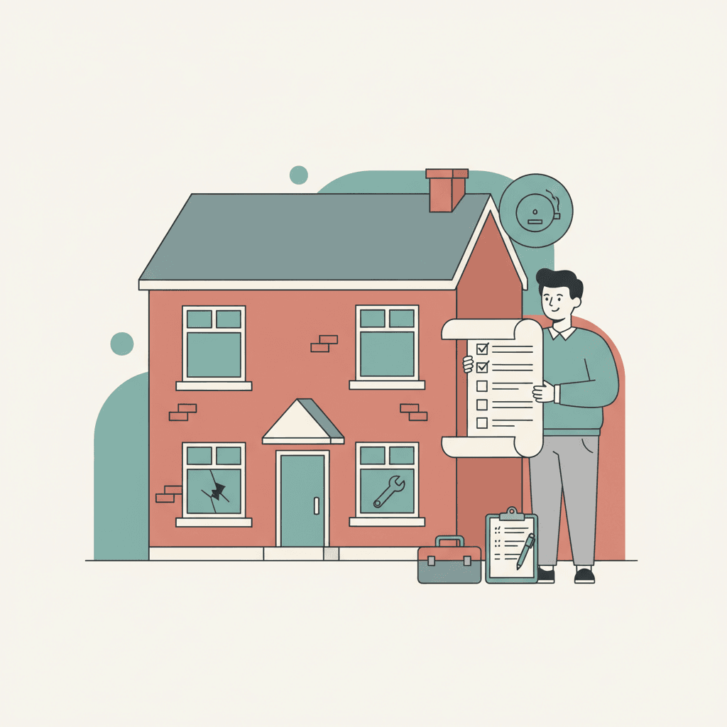 Flat illustration of a rented house with a landlord checklist, smoke alarm and repair tools in a calm neighbourhood style
