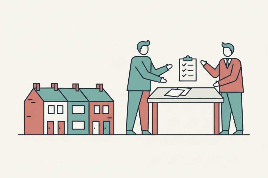 Flat illustration of terraced rental homes with a simple meeting table and compliance papers in a muted editorial neighbourhood style