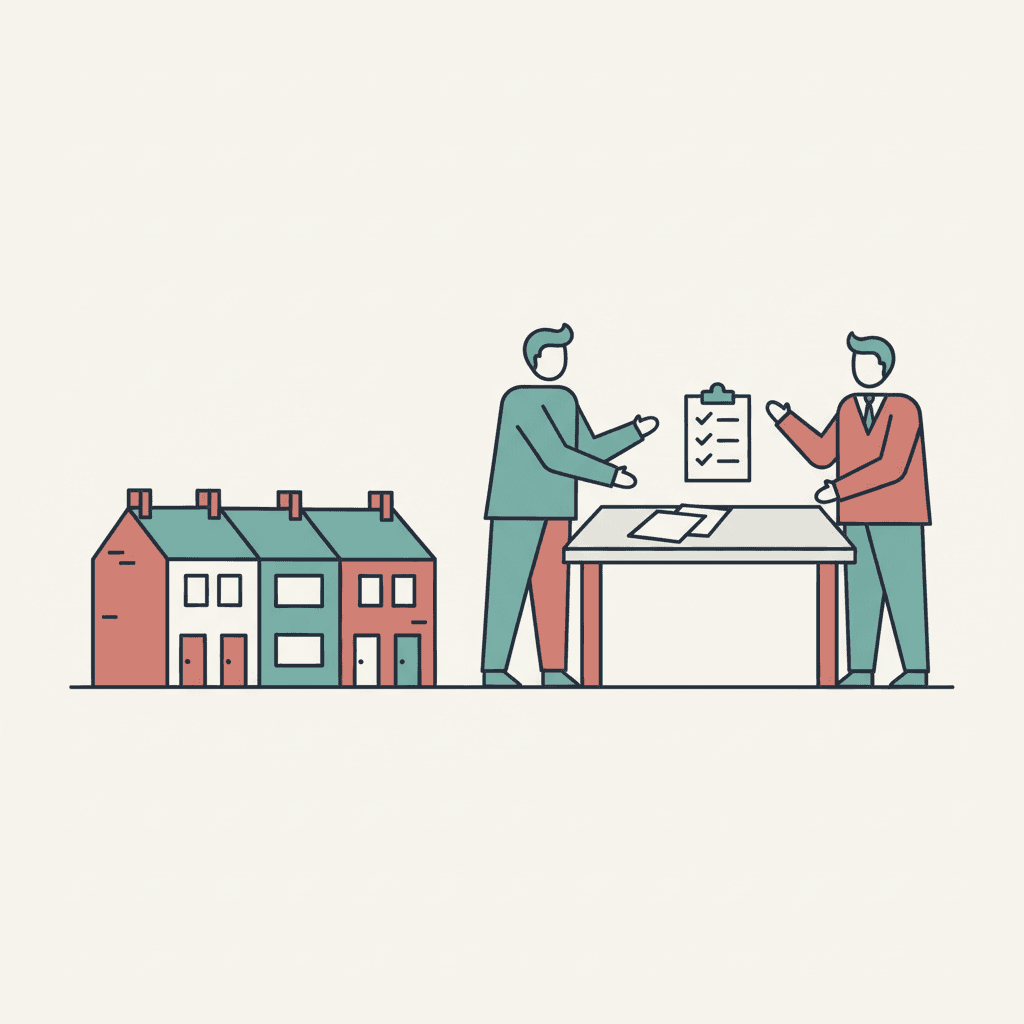 Flat illustration of terraced rental homes with a simple meeting table and compliance papers in a muted editorial neighbourhood style