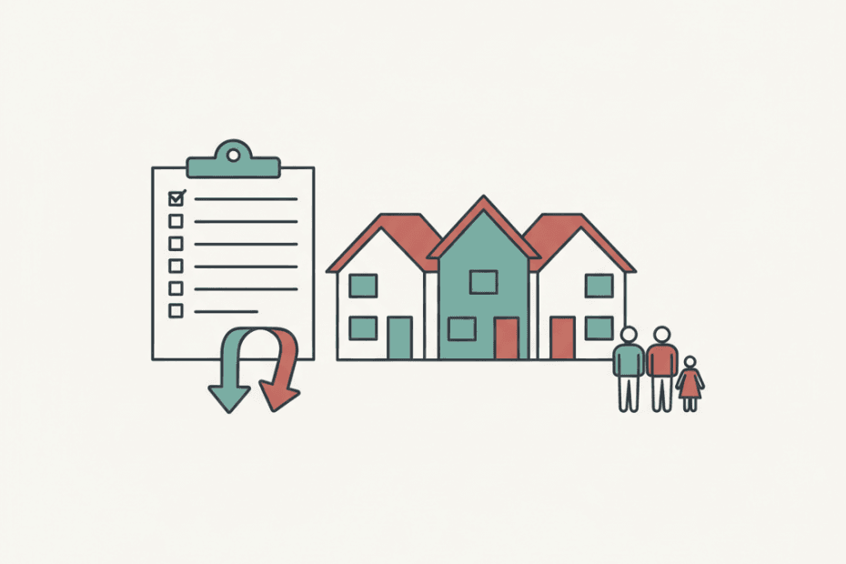 Flat illustration of rented homes with tenants, a landlord checklist and market pressure icons in a muted editorial neighbourhood style