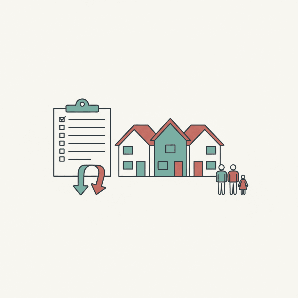 Flat illustration of rented homes with tenants, a landlord checklist and market pressure icons in a muted editorial neighbourhood style