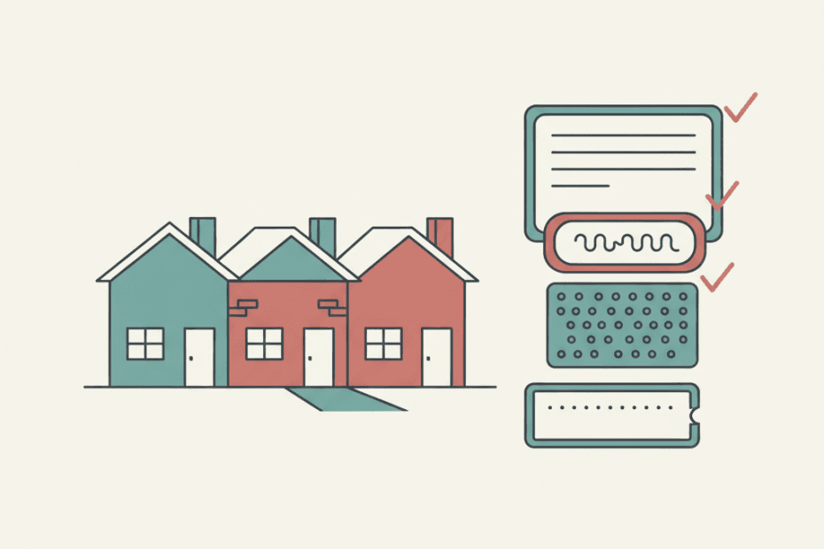 Flat illustration of rental homes with a landlord document checklist and accessible format symbols in a muted editorial neighbourhood style