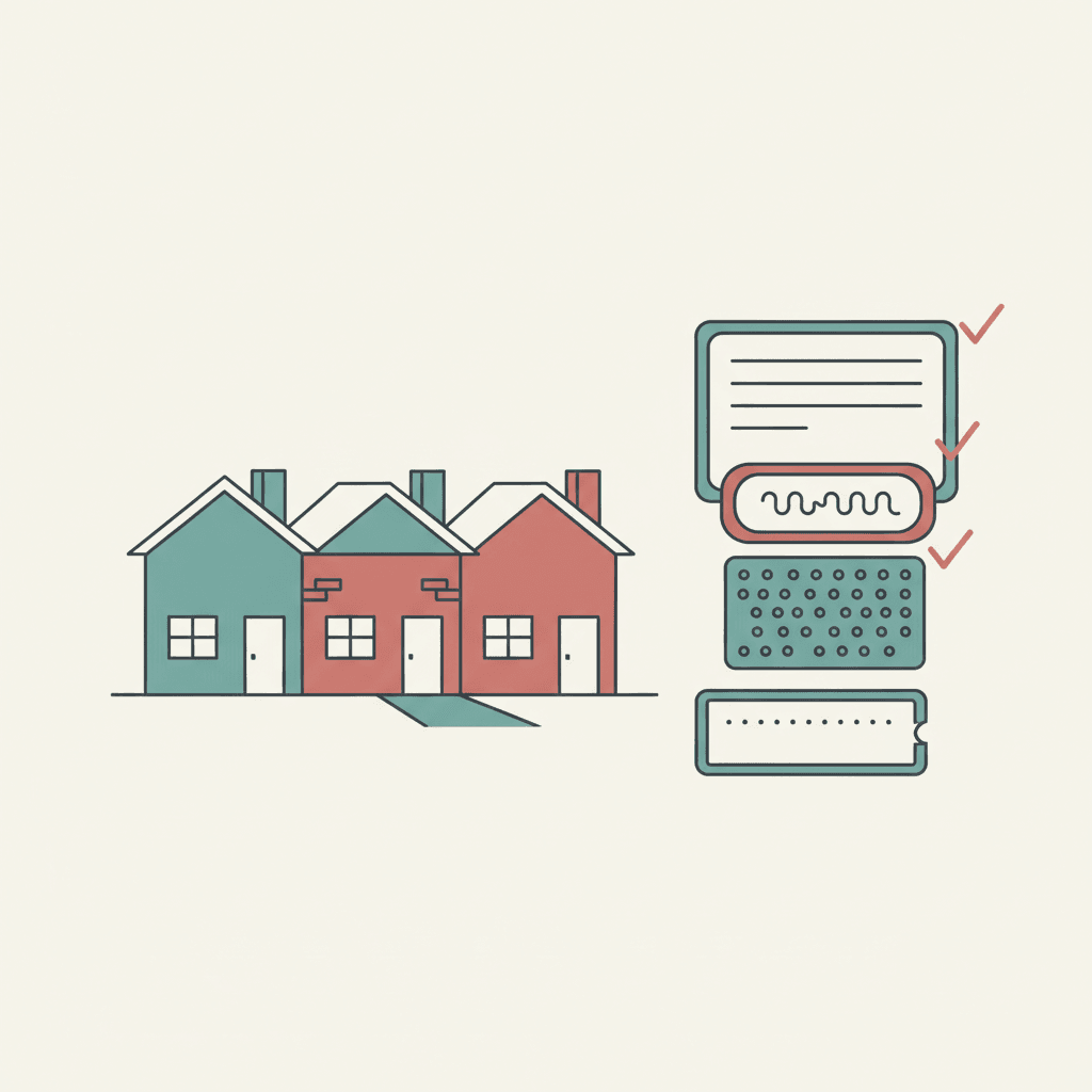 Flat illustration of rental homes with a landlord document checklist and accessible format symbols in a muted editorial neighbourhood style