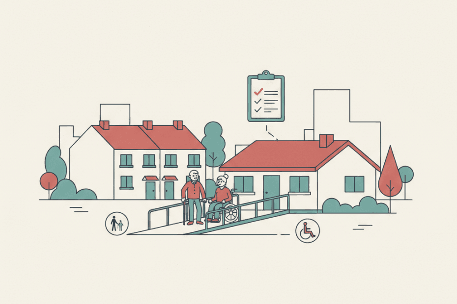 Flat illustration of accessible rented homes with a bungalow, ramp, tenant figures and landlord checklist in a muted editorial neighbourhood style
