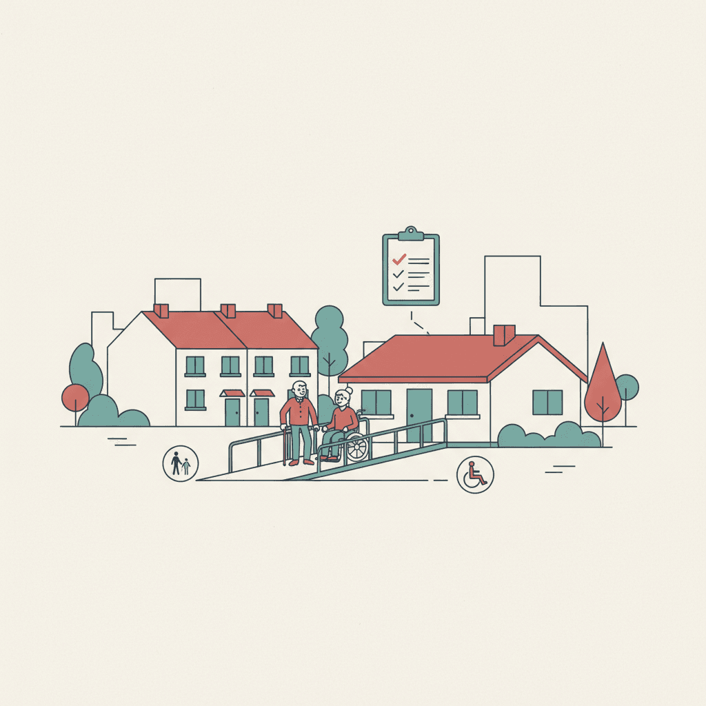 Flat illustration of accessible rented homes with a bungalow, ramp, tenant figures and landlord checklist in a muted editorial neighbourhood style