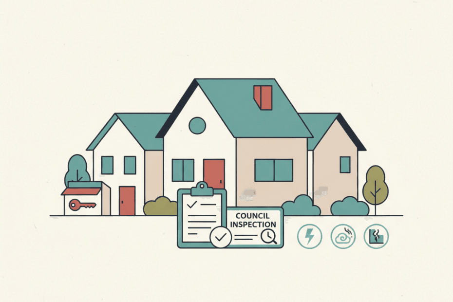 Flat illustration of a landlord checklist beside a rented house with safety warning icons in a muted editorial neighbourhood style