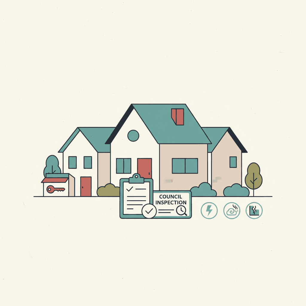 Flat illustration of a landlord checklist beside a rented house with safety warning icons in a muted editorial neighbourhood style