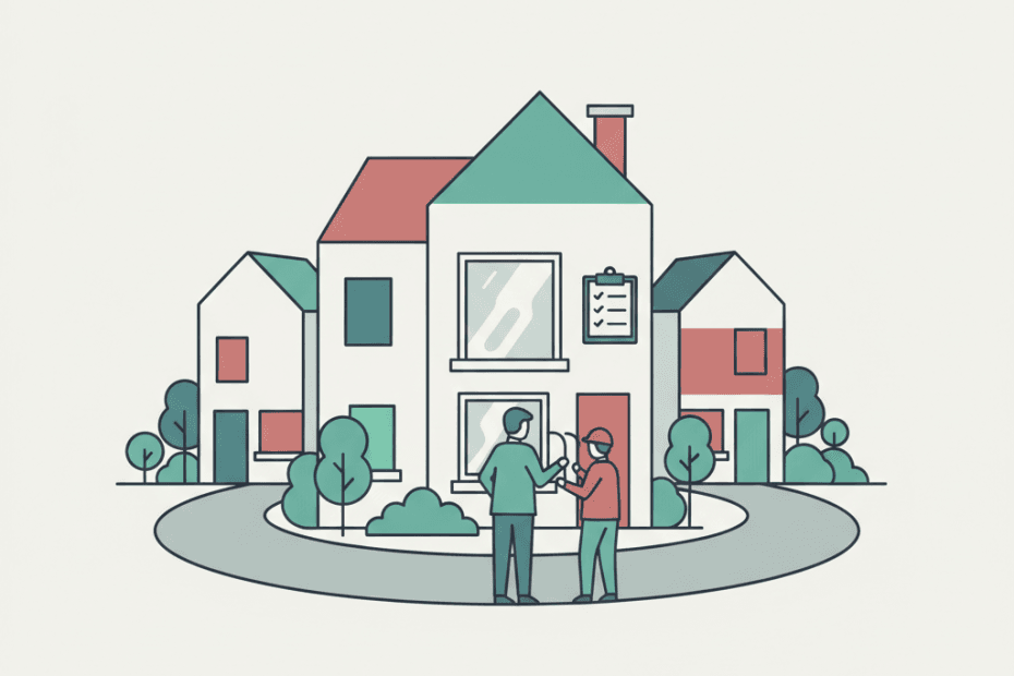 Flat illustration of a rented home window inspection with a landlord checklist in a muted neighbourhood scene
