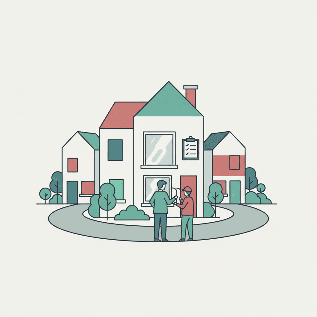 Flat illustration of a rented home window inspection with a landlord checklist in a muted neighbourhood scene